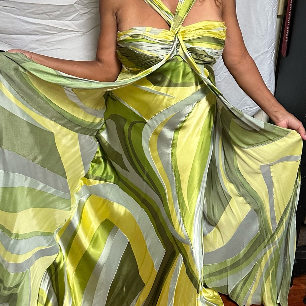 Silky multi-colored halter gown